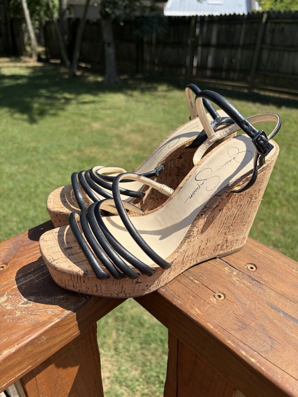Jessica Simpson Sierah Size 7 Black Leather Strappy Cork Wedge Sandals